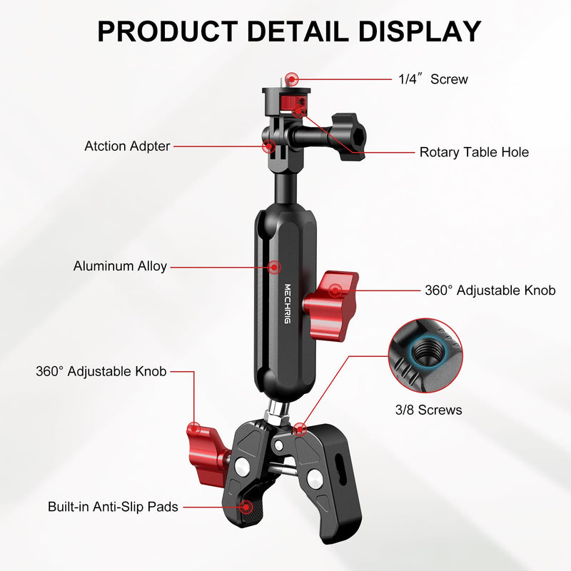 Camera Mount Super Clamp, Double Ballhead Magic Arm Clamp for GoPrO/Pocket 3 /lnsta360 X3 X4 /DSLR/Monitor/LED Light/Flash/Microphone,360°Rotating & 1/4”Screw & CNC Ebike Handlebar Clip Kit, JC008 JC008 Clamp Kit