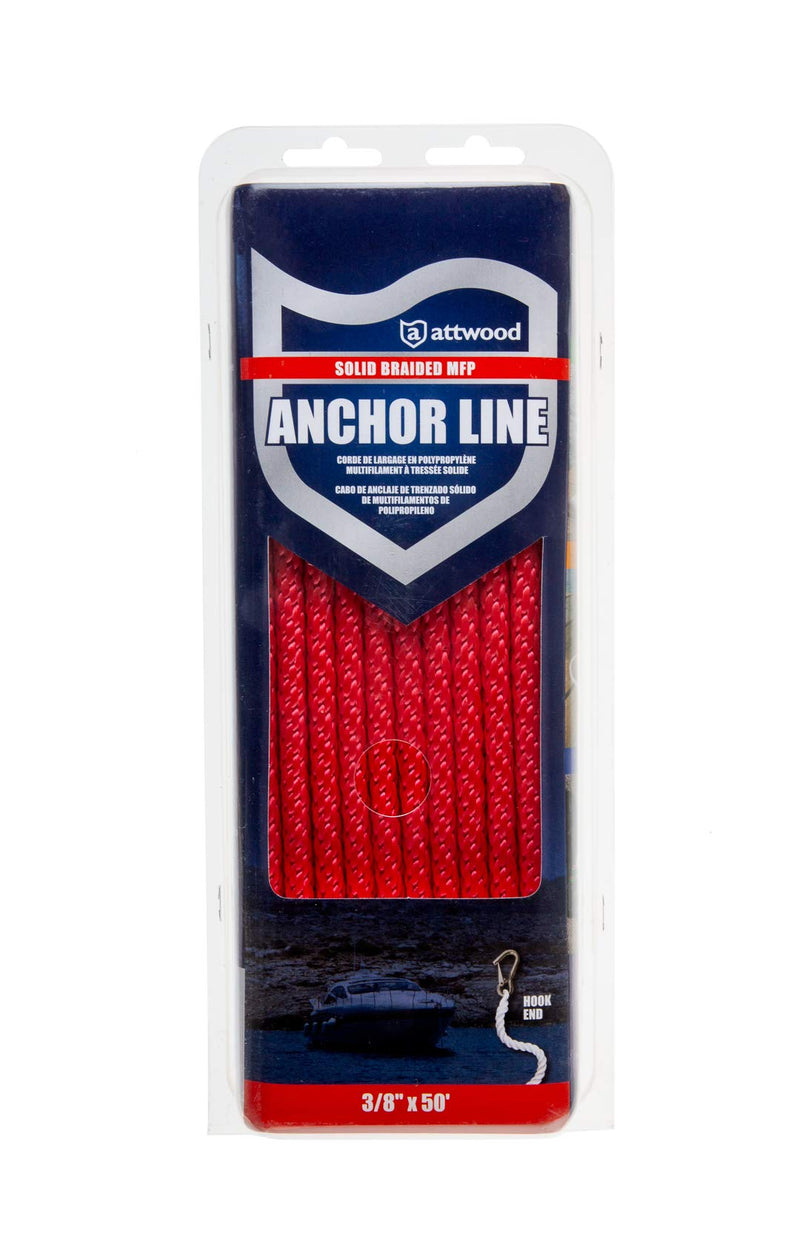 Attwood 11736-7 Solid Braided MFP Anchor Line, Red, Spring Hook, 3/8-Inch Diameter, 50 Feet Long, Kink-Resistant 3/8-Inch x 50-Feet