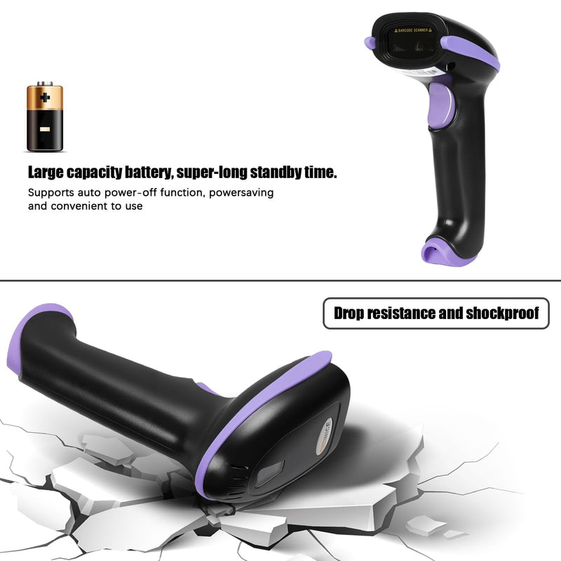 WoneNice 2.4G Wireless Barcode Scanner – 1D Handheld Cordless Barcode Reader for Retail, Warehouse, Inventory – 100ft Range, Plug & Play – Compatible with Windows, Linux, POS(Purple) Purple