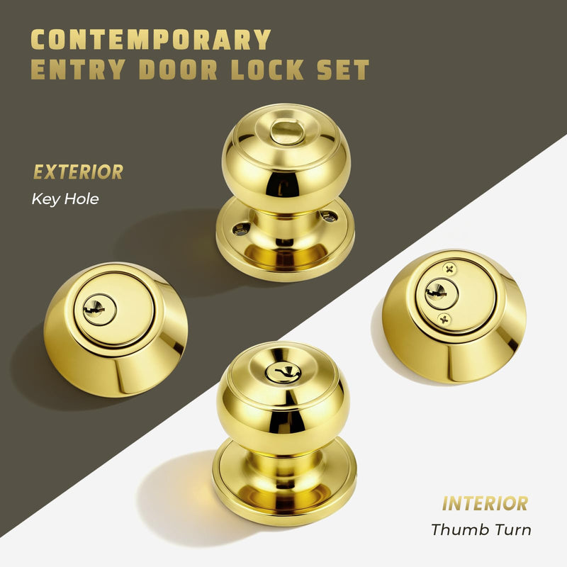 KNOBWELL 1 Pack Keyed Alike Door Knob and Double Cylinder Deadbolt Set, Exterior Door Lock Set, Polished Brass