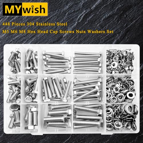 Mywish 448PCS M5 M6 M8 Screw Set, Metric Bolt Assortment, 304 Stainless Steel, Nuts and Bolts Set Flat & Spring Washers, Hex Head Cap Screws Bolts and Nuts Kit, Fully Thread Silver