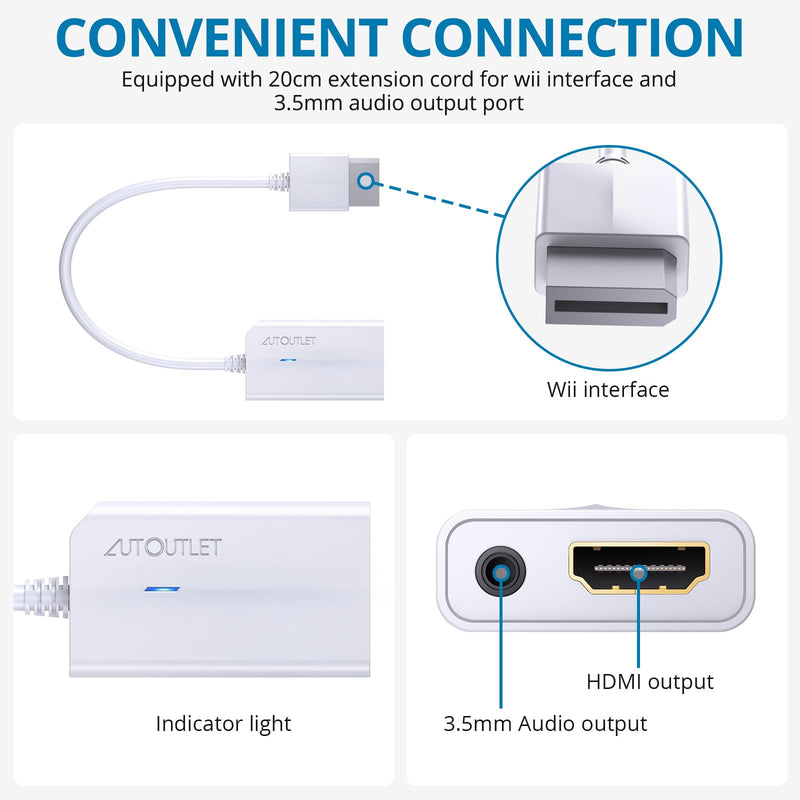 AUTOUTLET Wii to HDMI Converter 1080P for Full HD Device, Wii HDMI Adapter with 3,5mm Audio Jack&HDMI Output Compatible with Nintendo Wii, Wii U, HDTV, Monitor-Supports All Wii Display Modes 720P White