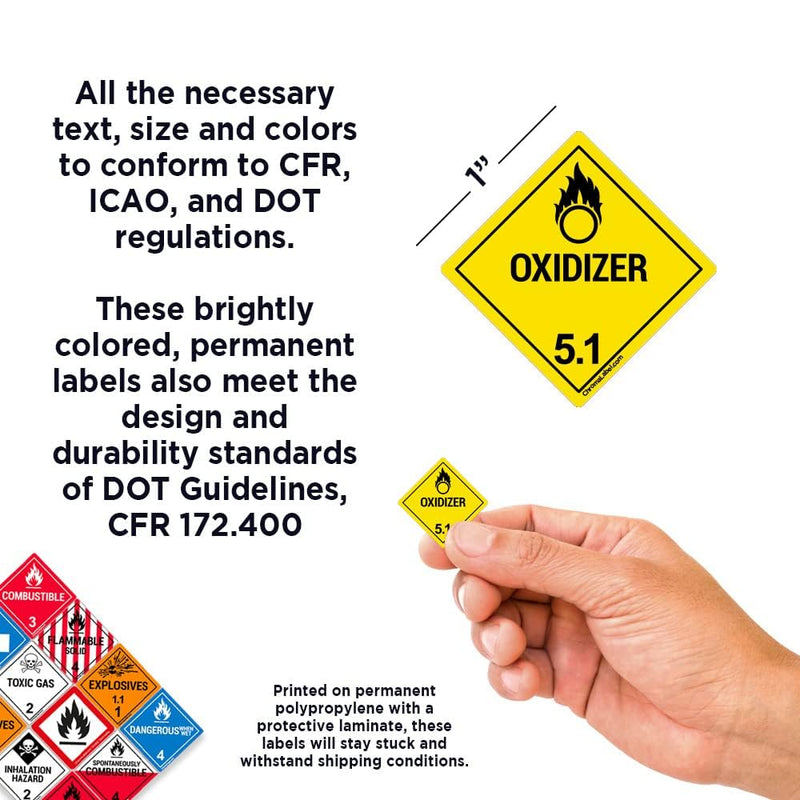 ChromaLabel 1 Inch Permanent Durable Square D.O.T. Hazard Labels, Class 5.1 Oxidizer, 250/Roll 1" x 1" Class 5.1 Oxidezer