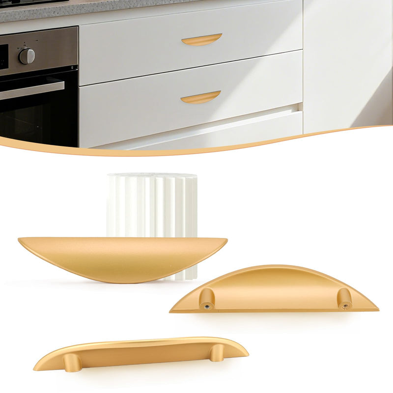 Primst 4 Pack Brushed Gold Cabinet Pulls, 3-3/4in Hole Centers Kitchen Cabinet Handles, Matte Gold Half Moon Cupboard Hardware for Kitchen Drawers, Dresser, Bathroom Vanity L-4PCS