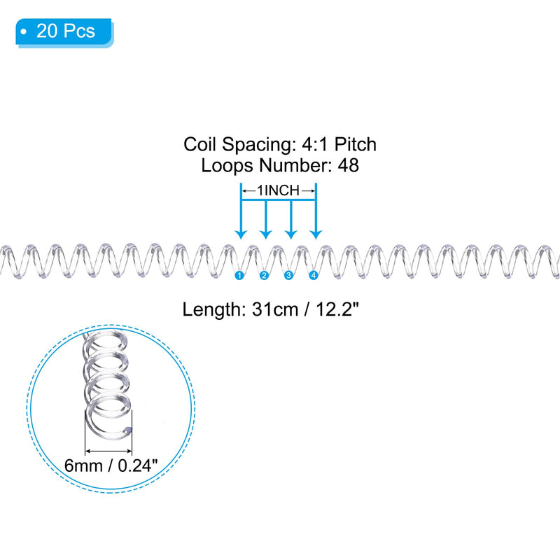 PATIKIL 6mm(1/4") Plastic Spiral Binding Coils, 20 Pcs Binding Spirals 30 Sheet Capacity 4:1 Pitch Binding Spirals for Binding Paper Sheets, Transparent 6mm(1/4")