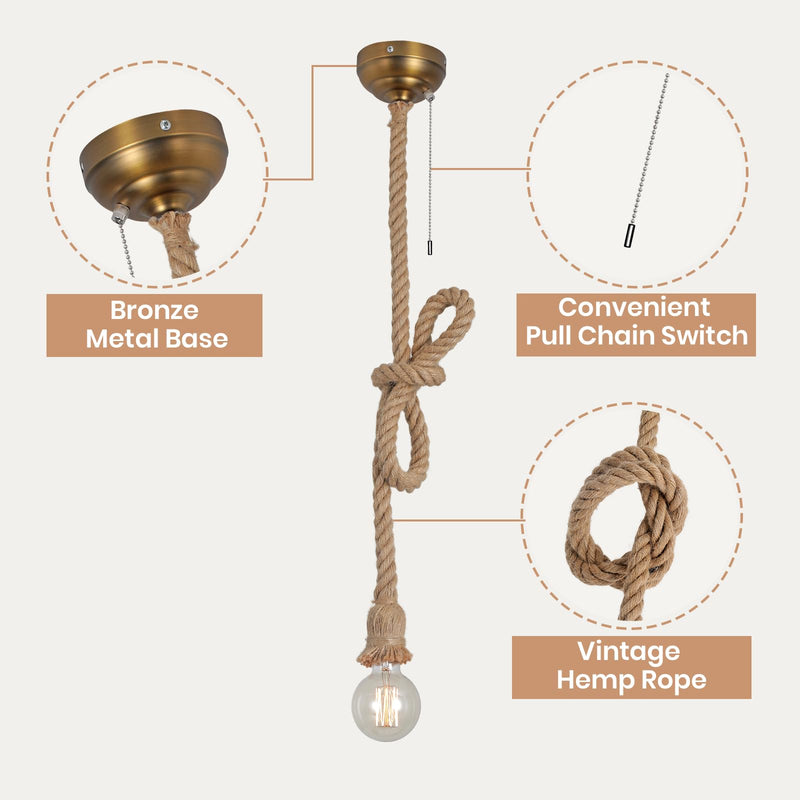KEESFU Hemp Rope Pendant Light Rope Chandelier,Rustic Ceiling Light with Pull Chain,Vintage Boho Pendant Hanging Light Height Adjustable for Kitchen Island Hallway Bedroom Dinning Table 1-light