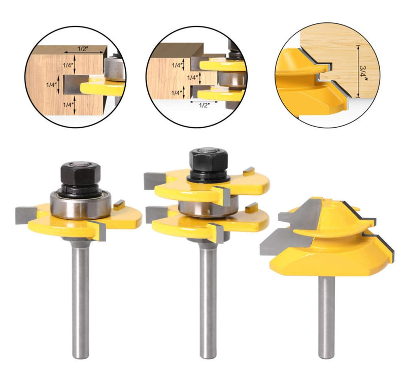 Lock Miter 45 Degree Joint Router Bits + 2Pcs Tongue and Groove Set [1/4-Inch Shank], APLUS 45° Lock Mitre Glue Joint Router Bit + Router Bit Set 3 Teeth T Shape, Wood Milling Cutter Woodworking Tool 1/4-Inch Shank
