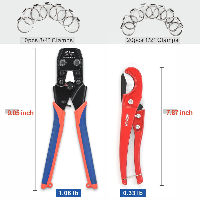 iCrimp PEX Pipe Quick Cinch Tool Set for Stainless Steel Clamp from 3/8-inch to 1-inch with Pex Cutter, 20pcs 1/2-inch and 10pcs 3/4-inch Stainless Steel Clamps included CRP961