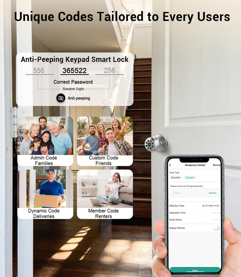 KLLOQUE Smart Fingerprint Door Lock with App Control & Key, Keyless Entry Door Knob, Electronic Keypad Door Knob,Door Locks for Bedroom,Garage,Home,Front Door, Office,Apartment-Bright Silver Bright Silver