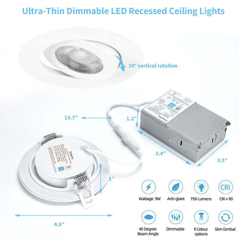 4 Inch Led Recessed lights ,Ultra-Thin Adjustable Eyeball Gimbal LED Recessed Lighting, with Junction Box 9 Watts,750lm, Dimmable geiling light ETL (2700K/3000K/3500K/4000K/5000K Option, 4pack) 2700K/3000K/3500K/4000K/5000K Option