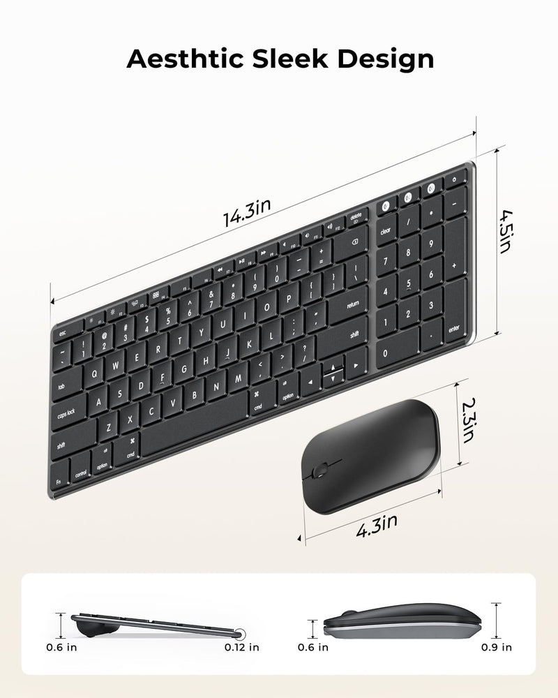 Wireless Bluetooth Keyboard and Mouse for Mac, Multi-Device Rechargeable Slim Keyboard and Mouse Stainless Steel Full Size, Compatible with MacBook Pro/Air, iPad, iMac - Space Gray
