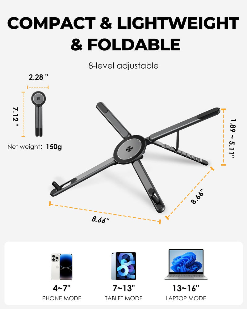 Laptop Stand, 8-Level Height Adjustable & Portable, Aluminum Alloy Holder for 10-16 inch Laptops and 4-13 inch Phones/Tablets with Magnetic Tripod