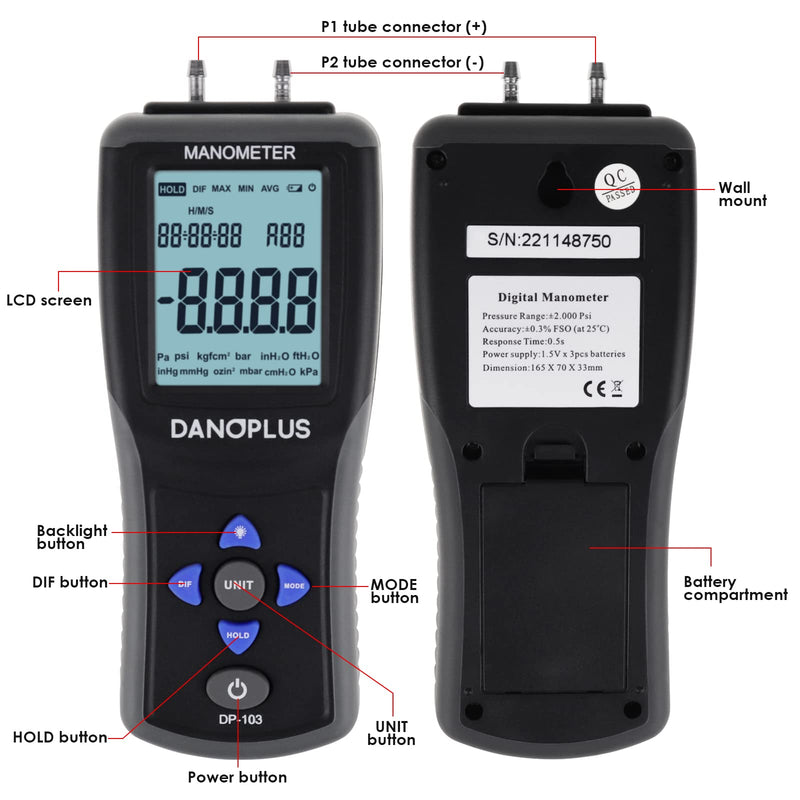 Manometer Digital Gas Pressure Tester Differential Pressure Gauge HVAC Air Pressure Meter with Backlight Data Record Function