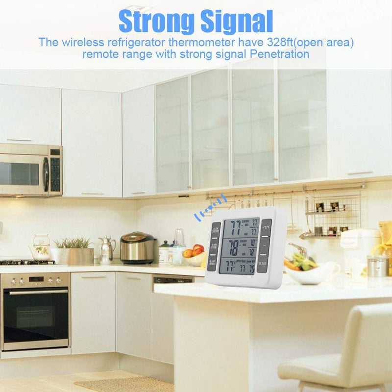 Fridge Thermometer, Digital Freezer Thermometer, with 2 sensors and Acoustic Alarm, Refrigerator Freezer Inside Outside Thermometers, for Kitchen Home Motorhome