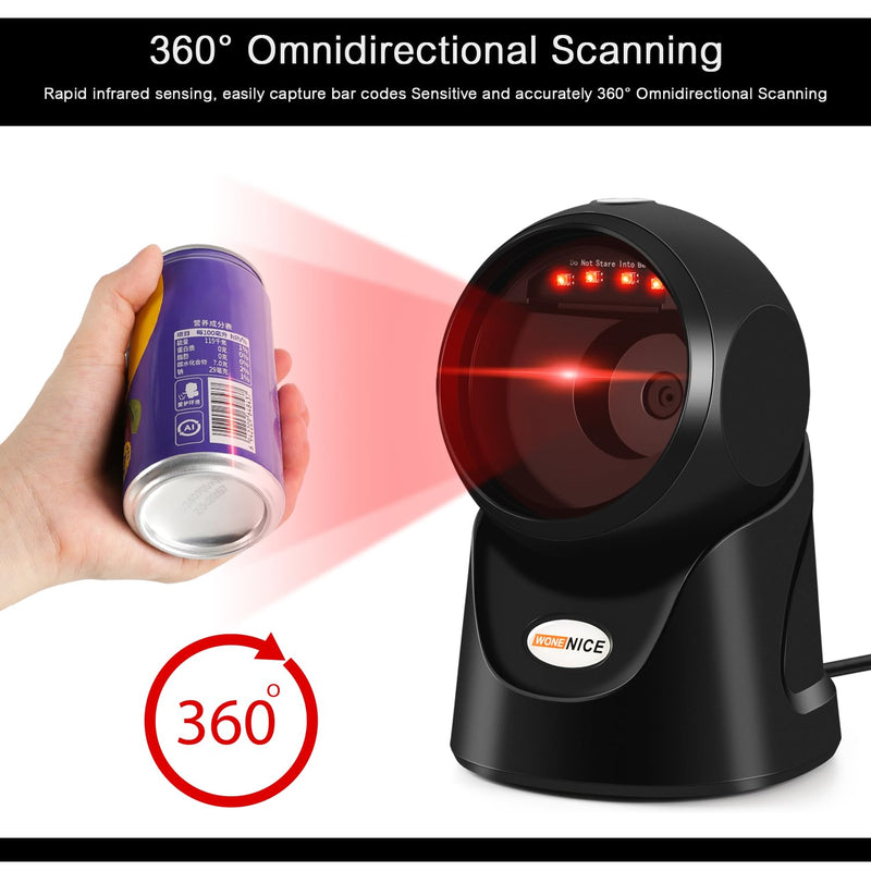 WoneNice Automatic Omnidirectional Desktop Barcode Scanner, USB Wired 1D 2D Barcode Scanner, Square QR Code Scanner, Handfree CMOS Image Bar Code Reader for Warehouse, Supermarket, Retail Store, Books