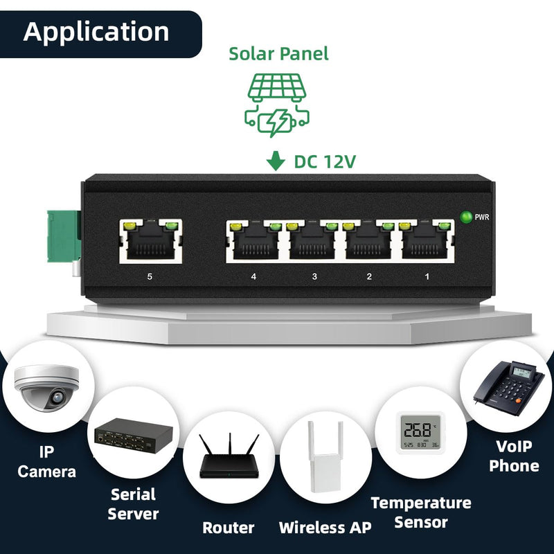 Mini Industrial 5 Ports Full Gigabit Switch Hardened 5 Port RJ45 10/100/1000Mbps Ethernet Switch Din Rail Mount (-40 to 167 ºF) with 10Gbps Switching Capacity 5port Gigabit Switch