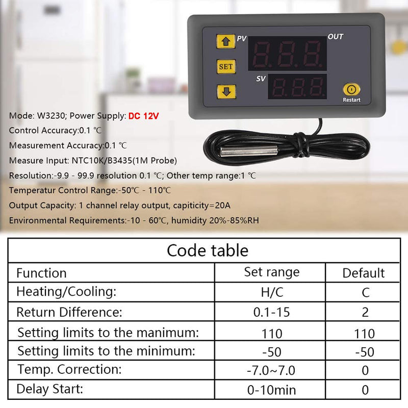 Greluma 2 Pcs W3230 DC 12V Digital Temperature Controller, 20A LED Display, Thermostat Control Switch with NTC 10K Sensor Probe, Range from -50℃ to 110℃