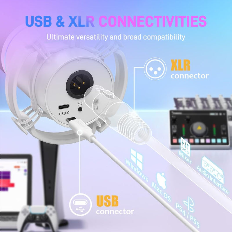 MAONO XLR/USB Dynamic Microphone, RGB Gaming Mic with Software, Mute, Gain Knob, Volume Control and Headphone Jack for Streaming, Podcasting, Recording-PD200X (White) White