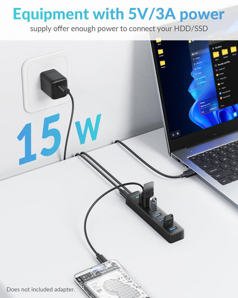 PHIXERO 7 Port USB Hub, 3.3FT/1M Long Cable USB 3.0 Hub Multi USB Port Hub Adapter Extension USB Splitter USB Hub for PC, Compatible with All USB 3.0/2.0/1.1 Device 1m Cable