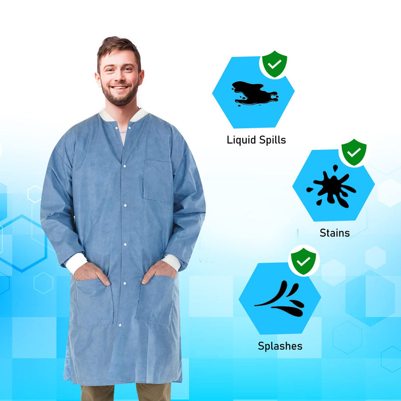 EOM Disposable Lab Coats - Lab Coats for Men and Women - Knee Length Lab Coat with Knit Cuffs and Collar - Medical Lab Jacket for Adults - Pack of 10, (Large Size) Large