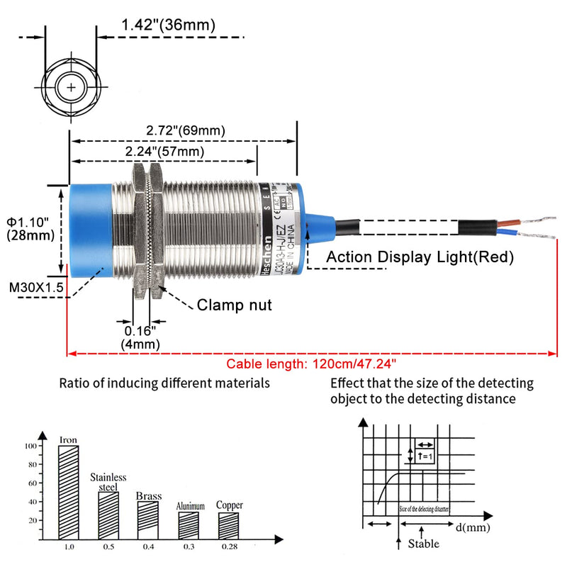 Heschen Capacitive Proximity Switch Sensor Switch LJC30A3-HJ/EZ Detector 1-15mm 90-250VAC 400mA Normally Open (No) 2 Wire