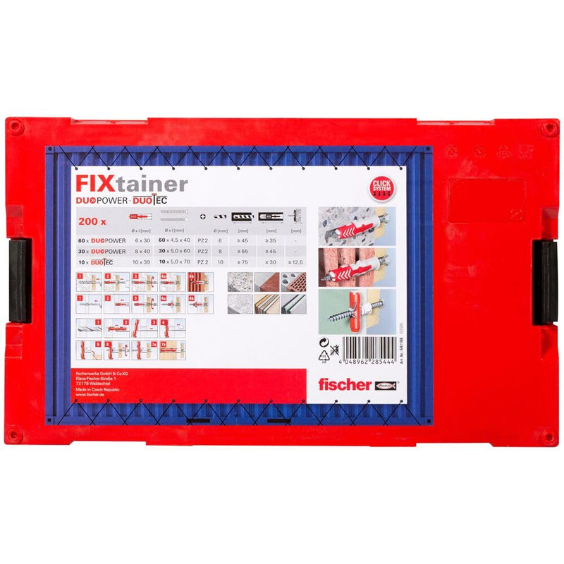 fischer FIXtainer DuoPower and DuoTec Assortment Box Universal and Toggle Wall Anchors with PZ Screws for Hollow Walls, Drywall and Solid Materials - 100 Anchors & 100 Screws DuoPower / DuoTec + screw