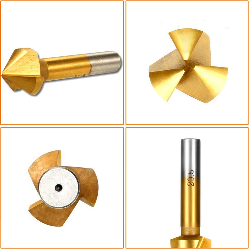 Estmoon 6-piece 90° countersink set, HSS countersink set, titanium coatings, diameter 6.3-20.5 mm, countersink drill with 1 pack of brass automatic center drill punch