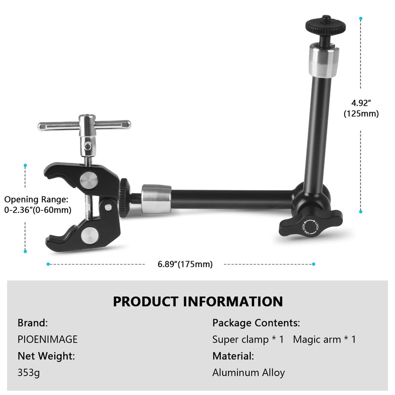 9.8" Adjustable Magic Arm with 1/4", Clamp with 1/4" and 3/8", Magic Arm Camera Mount for Photography, Video Recording, LCD Monitor, LED Lights, Microphone