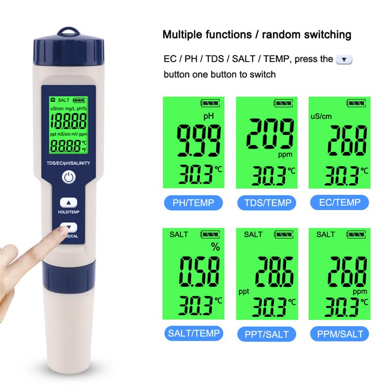 5 in 1 PH Meter Gomass 0.01 High Accuracy ph Tester Digital for Water TDS/EC/Salt/Temp/PH Pen, PPM Meter Water Tester Drinking Water, Hydroponics, Plants, Aquarium and Pool blue