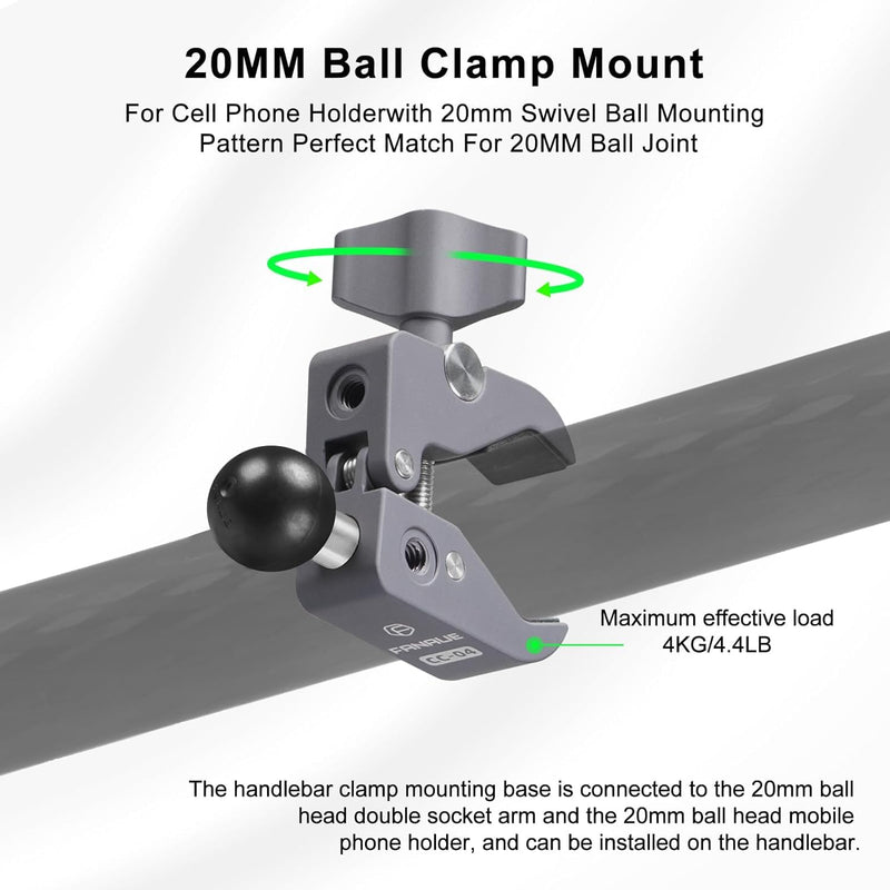 FANAUE 2 Pack Aluminum Alloy Handlebar Clamp Mount Base with 20mm Ball Head Adapter for Rails 0.5'' to 2'' Diameter Compatible with 20mm Ball Double Socket Arm & Bike Motorcycle Phone Holder