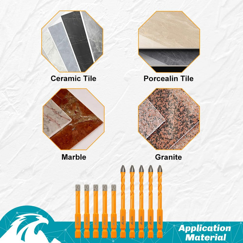 Tile Drill Bits Kit 6mm 5pcs Quick-fit Shank& 6mm 5pcs Carbide Drill Bits for Drilling Ceramic Porcelain Tile Marble Granite Masonry set 3--6mmx5+6mmx5