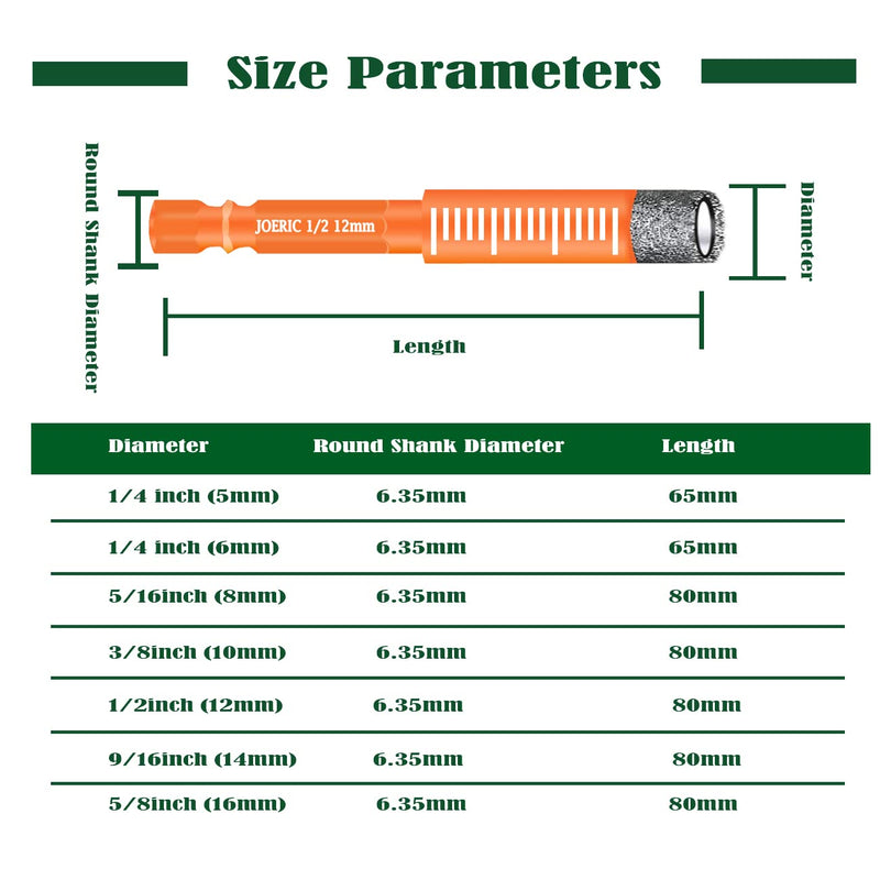 8 PCS Orange Dry Diamond Drill Bits Set, Hex Shank Diamond Hole Saw Kit with Storage Bottle, for Granite Marble Tile Ceramic Stone Glass Hard Materials (Not for Wood) with Size 3/16'' to 9/16''