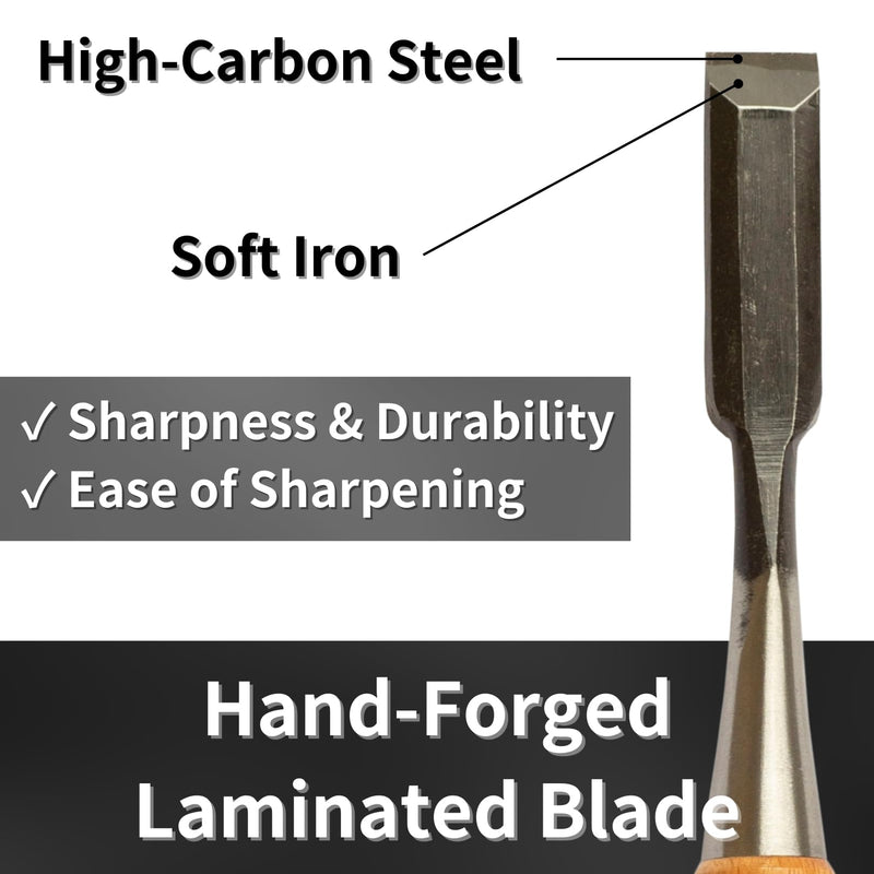 Japanese Chisel 18mm 3/4" Mortise Chisel Oire Nomi, Professional Wood Chisel for Woodworking, Japanese Red Oak Handle, Made in JAPAN