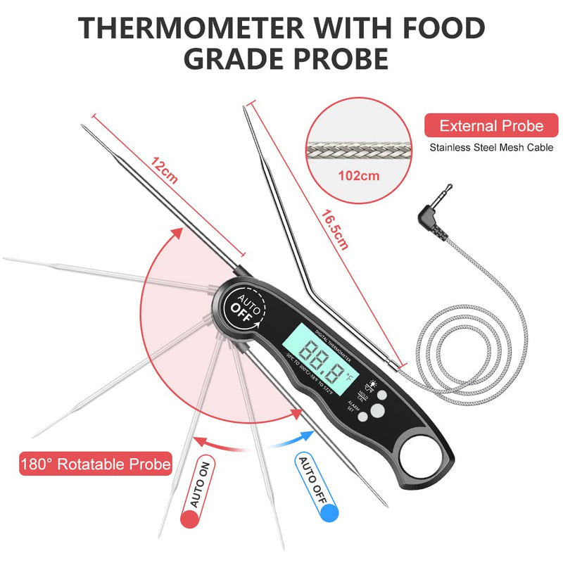 CIRYCASE Digital Meat Thermometer, Instant Read Roasting Thermometer | External Probe with 2 Long Probes & Magnet Grill Thermometer, Alarm Function, Thermometer Laboratory Thermometer for Kitchen