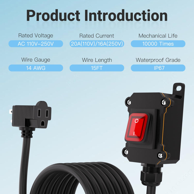 Inline Power Switch with 15-ft 14AWG Cable Piggyback Plug(3-Pronged),Red LED Rocker Button,IP67 Waterproof Extension Cord with On/Off Switch, AC/DC 20A-125V / 16A-250V（15FT/14AWG） 15FT