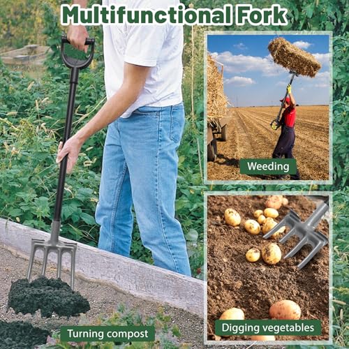 Lilyvane Garden Fork, 4-Tine Gardening Pitchfork with 35” Metal Handle, 46” Long Heavy Duty Digging Manure Forks for Farm Garden Mulch Spreading, Loosening,Potato Digging Composting Transplanting