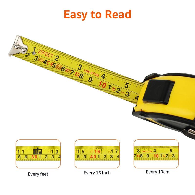 Amazon Basics Self-Locking Tape Measure, 25ft (8-meters), Accurate Dual Scale inch/metric, MID Accuracy, Extendable, 2-Pack, Yellow 7.6 m