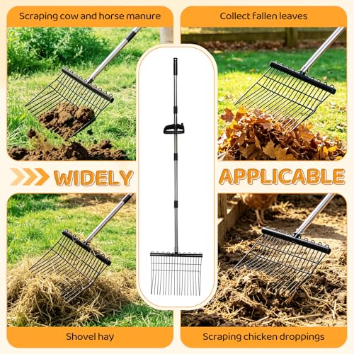 Metal Manure Fork with Adjustable Long Steel Handle Rake Rustproof Hay Fork