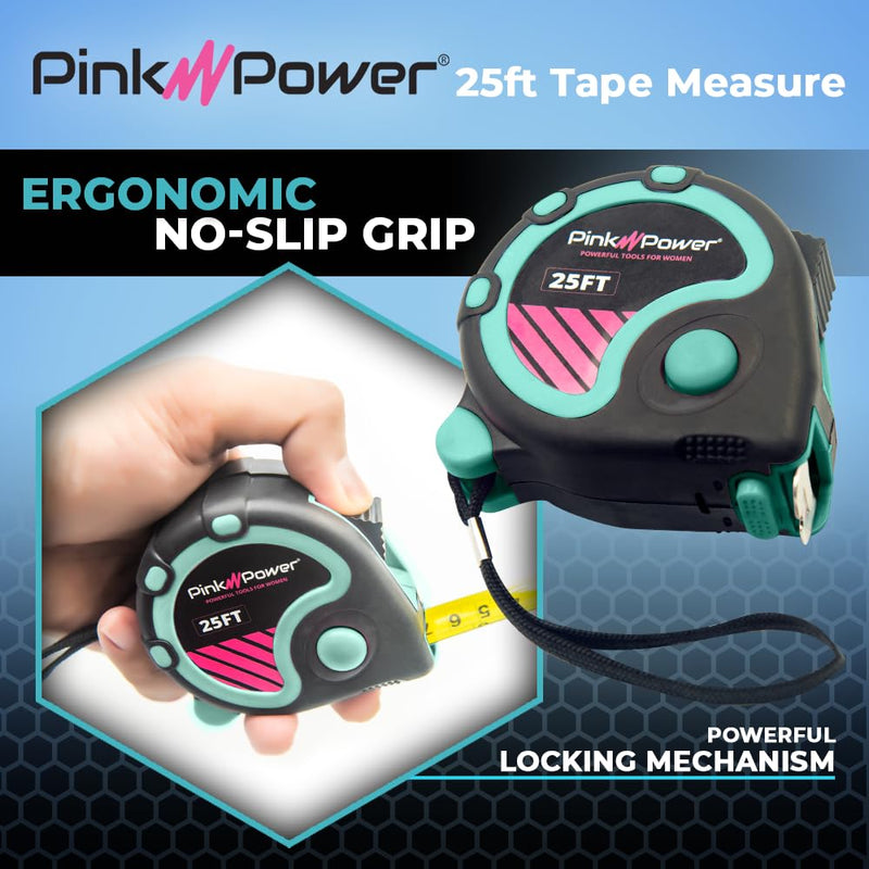 Pink Power Tape Measure with Fractions – Blue Heavy-Duty Small Measuring Tape Retractable with Easy-Read Markings, Electrician Self Centering Return, Magnetic Hook (Blue, 25 ft.)