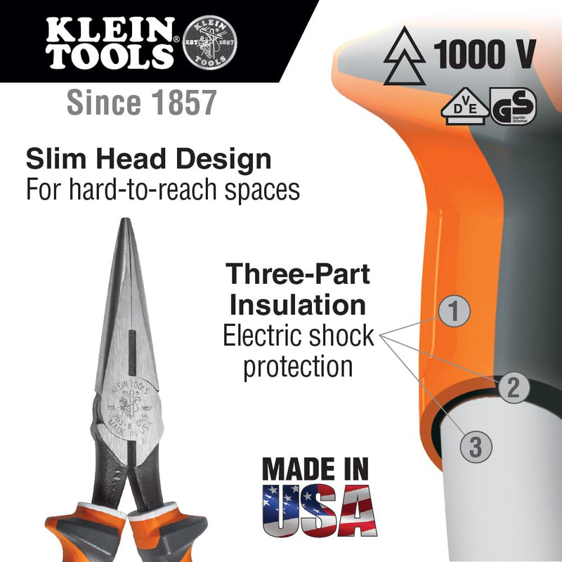 Klein Tools 2038EINS Long Nose Side Cutter Insulated Pliers with Slim Induction Hardened Cutting Knives for Long Life, 8-Inch Slim Handle