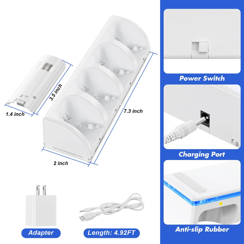 Remote Controller Charger Station for Wii/Wii U with 4 Pack 2800mAh Rechargeable Battery Pack, Controller Charging Dock Station for Wii Controller, Remotes are not Included 7.3*2 inches
