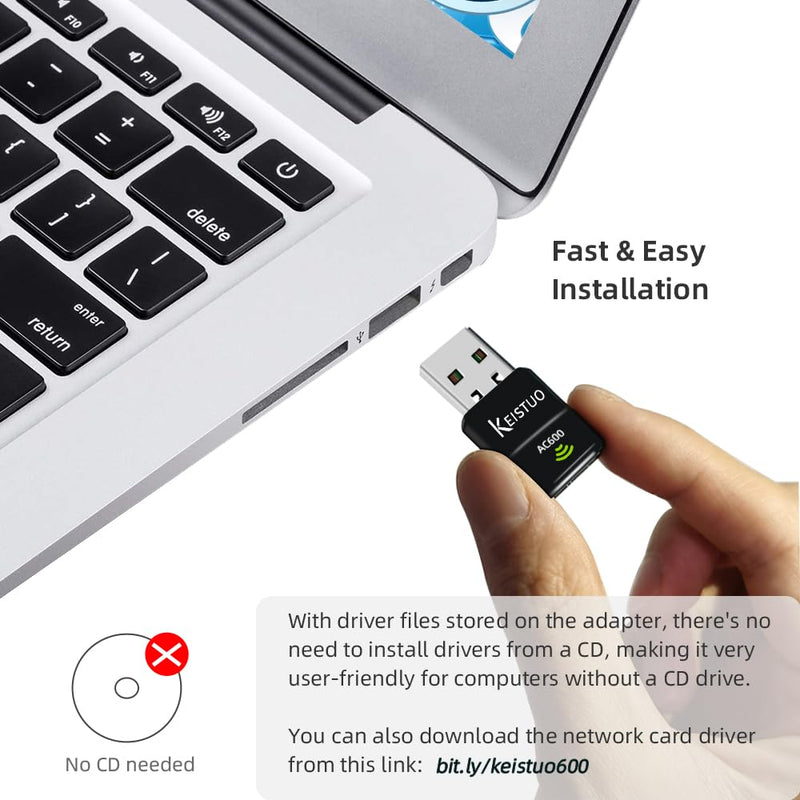 AC600 WiFi Adapter for Desktop PC Laptop - Wireless Dongle for PC, Dual Band 2.4GHz/5GHz, Mini USB WiFi Adapter Compatible with Windows 11, 10, 8, 7, XP Computer System