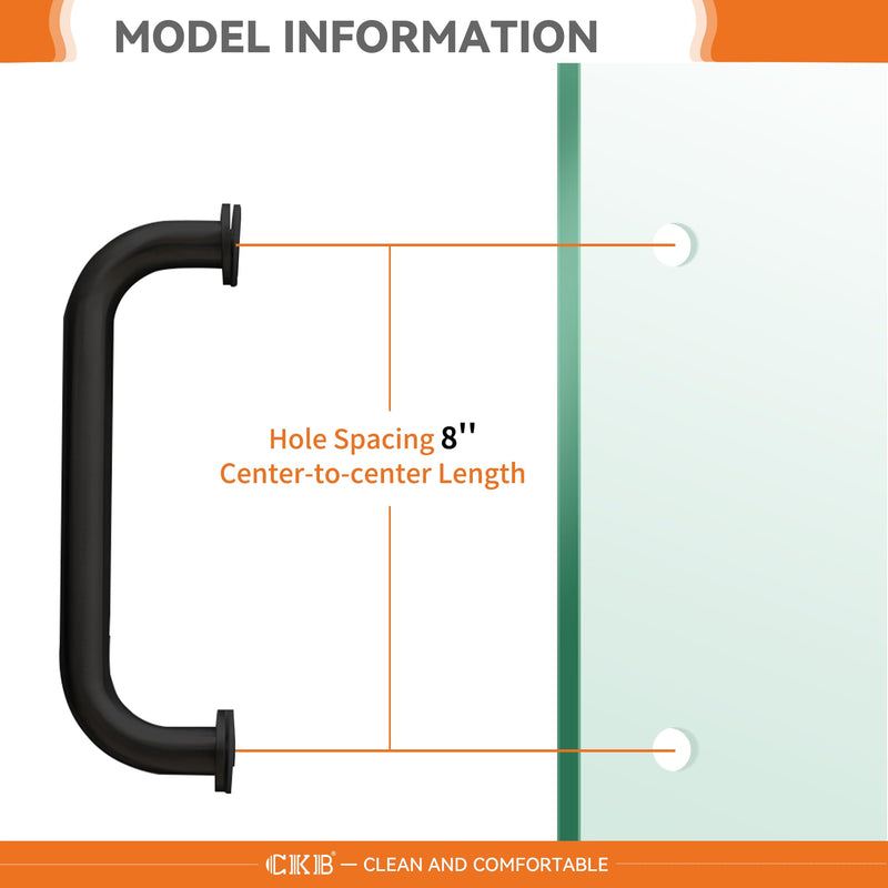 CKB 8" Shower Door Handle, Compatible with 1/4" (6mm) to 1/2" (12mm) Thick, Stainless Steel Double Side Door Pull, Matte Black 8"(Hole to Hole)