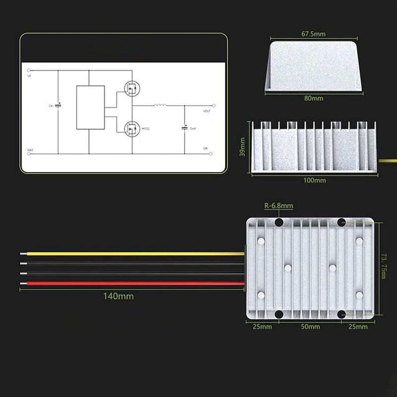 Eujgoov DC 72V to 12V Converter Power Converter Step Down Voltage Reducer Regulator 25A 300W
