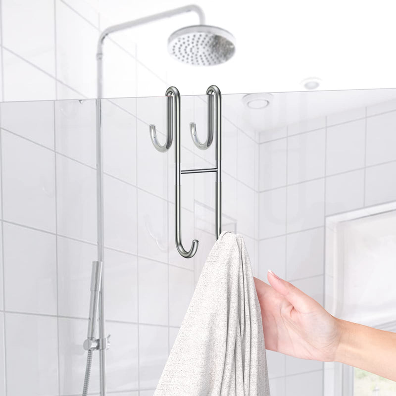 Over Shower Glass Door Hook, 2 Pack Silver 304 Stainless Steel Extended Shower Door Hooks, Bathroom Frameless Drilling-Free Hanger, Double Side Towel Hooks, for Bathing Suits, Robe, Loofah, Shaver 2PC