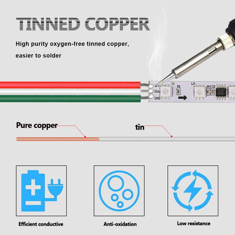 LEADTOPS 3-Pin Conductor Extension Wire 33ft 22 AWG Spur Strand Tinned Copper Cable for 5/12V DC WS2812B WS2811 Dream Color RGB LED Light Strip, 10M Spool