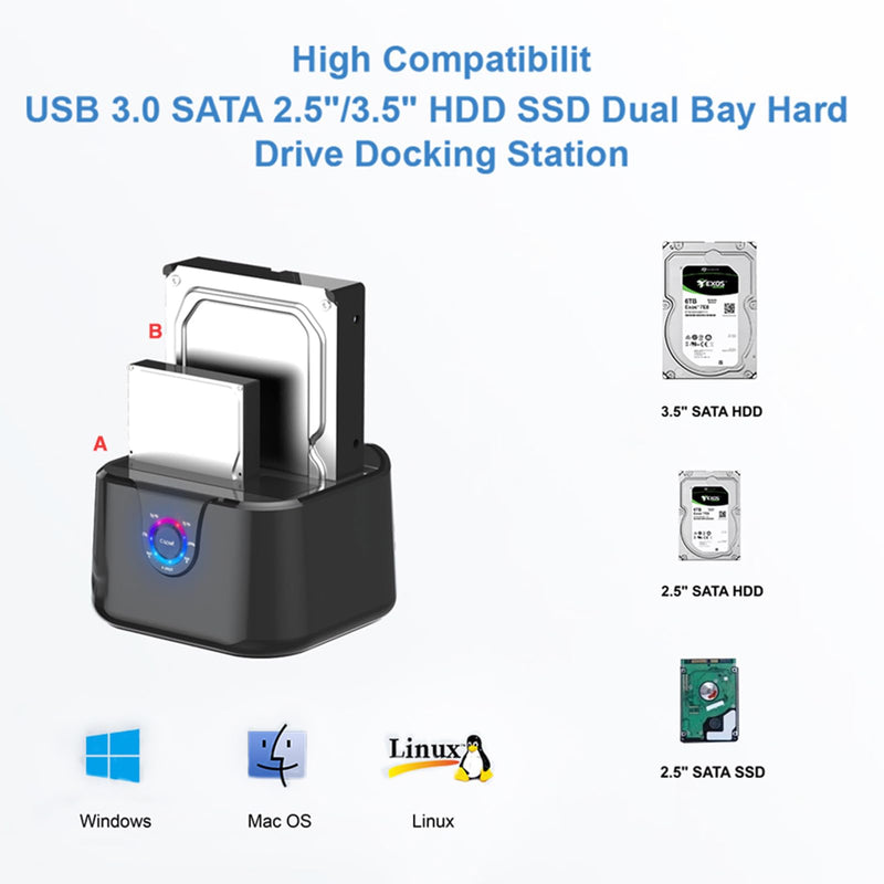 GODO USB 3.0 to SATA III Mini Dual Bay External Hard Drive Docking Station for 2.5 / 3.5 inch HDD SSD,Support Offline Clone,Hot Pluggable,with USB C Adapter,UASP