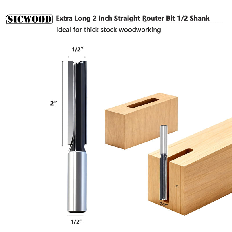 5-Piece Extra Long 2 Inch Straight Router Bit Set, 1/2" Shank, 1/2" Dia, Carbide-Tipped 2-Flute Bits for Deep Grooving, Dados & CNC Woodworking 5pcs 2" straight bit 1/2 shank