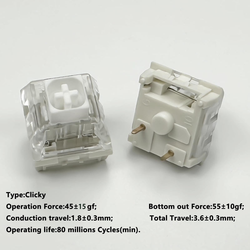 Kailh Box White Mechanical Keyboard Switches,3-Pin 45gf Clicky/Speed Typing/Gaming/Waterproof Switches(108Pcs,Kailh Box White) 108pcs