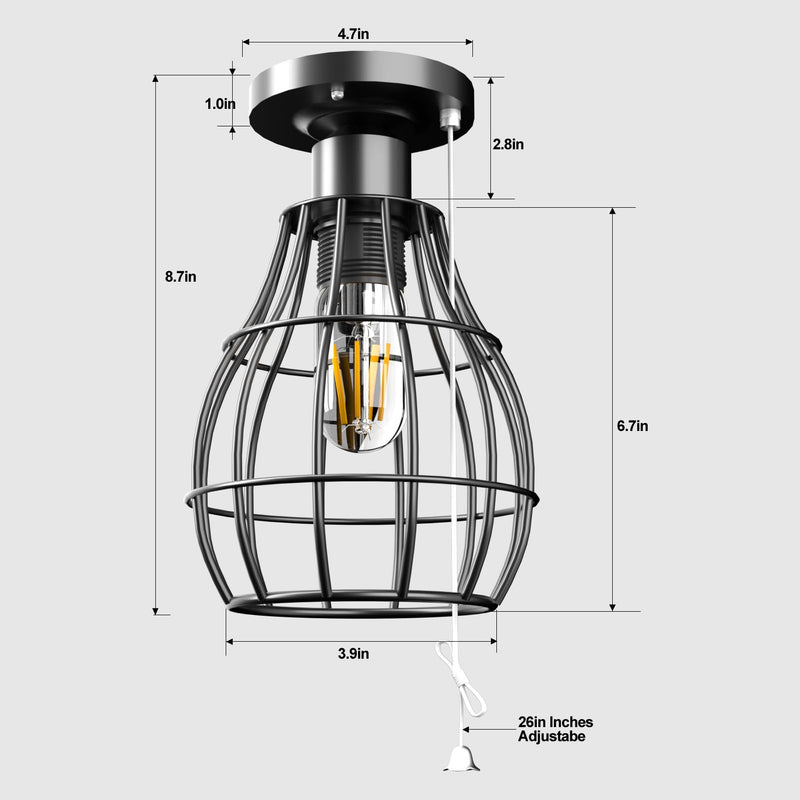 Lightdot Farmhouse Flush Mount Ceiling Light with Pull Chain Industrial Ceiling Light Fixture Rustic Black Metal Cage Close to Ceiling Lamp E26 Base for Closet Hallway Foyer Kitchen-2Pack